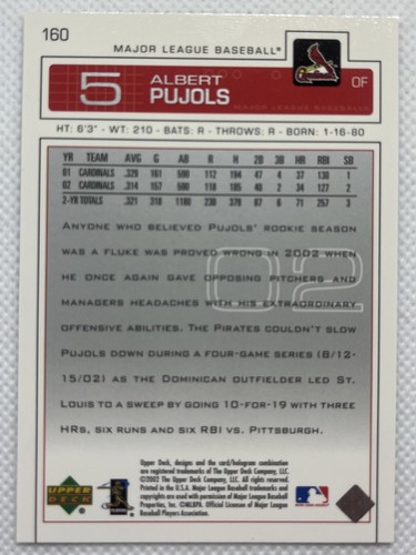 Upper Deck #160 2002 Albert Pujols MLB STL Cardinals - Imagen 2 de 2
