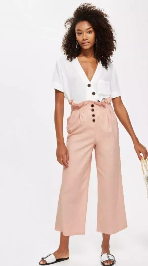 Topshop Petite Pale Pink Button Awkward Wide Leg Cropped Trousers Uk4