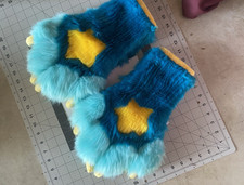 Blue Yellow Furry Animal Paw Gloves  Tail Costume Set Non-slip Grip
