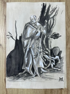 Matthias Grünewald drawing and painting on old paper signed stamped vintage