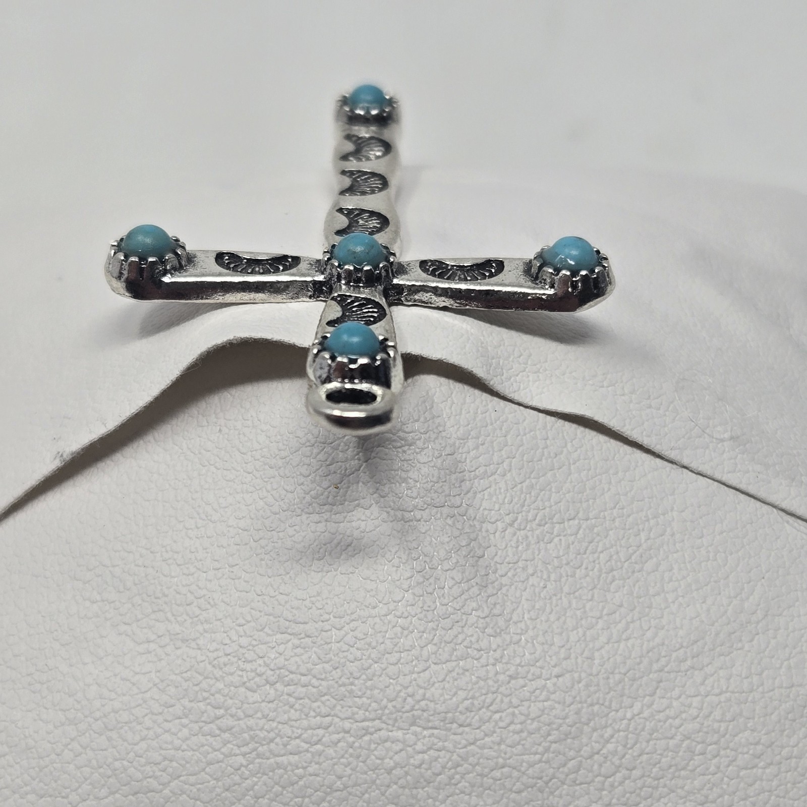 Imitation Turquoise Cross Pendant Southwest Native American Style Silver Tone image 6
