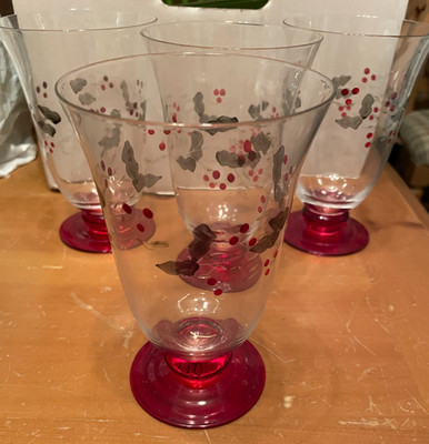 Pfaltzgraff Winterberry Water Glass Goblet Set Of 4 Hand Painted Etched FREESHIP