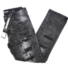 Black Light Men Jeans Stretch Slim Straight Fit Black Star Distressed Rip Denim