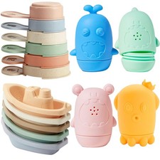 15PCS Mold Free Baby Bath Toys Silicone Boats Spoons Water Pool Toys Ages 1-4