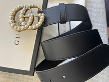 Gucci GG Pearl Buckle Women's Black Leather Belt Size 90 cm fit's 30/32 Waist