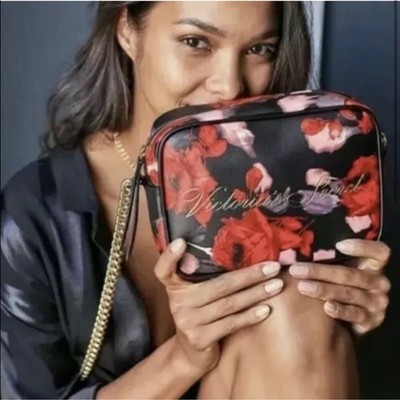 Victoria s Secret Women's Red Black Floral Roses Crossbody Purse Cold Chain NWT