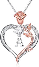 Heart Initial Necklaces for Women Teen Girls, Rose Heart Initial Necklaces for W