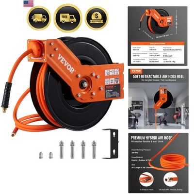 Retractable Air Hose Reel 50 FT 3/8 IN Hybrid Flexible Heavy Duty Wall Mount
