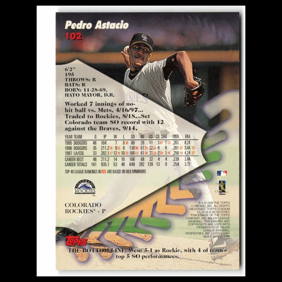 Бейсбольная карточка Педро Астасио No102 1998 Topps Stadium Club Colorado Rockies MLB почти как новая - Изображение 2 из 3