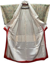 Japanese Tsumugi Silk Kimono Green Geometric Handspun Vintage Unused S 61in