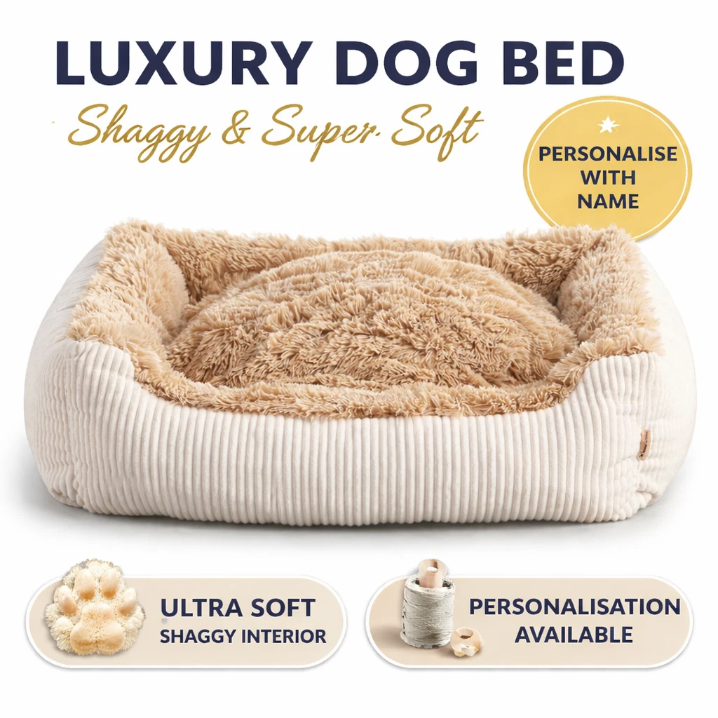 Soft Shaggy Dog Bed – Corduroy Pet Sofa with Raised Sides – Washable Cushion