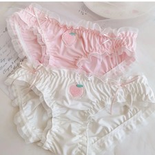 Strawberry Panties Women Satin Sweet Ruffle Briefs Cute Peach Kawaii Underwear