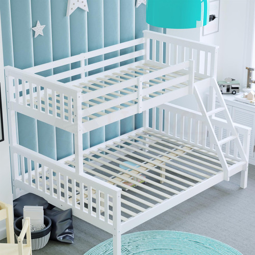 Triple Sleeper Bunk Bed Solid Wooden Frame Kids Double & Single 4FT6 3FT White - Picture 7 of 8