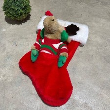 Vtg Santa's Best Reindeer Moose 3D Plush Stocking Christmas Holiday Red Green