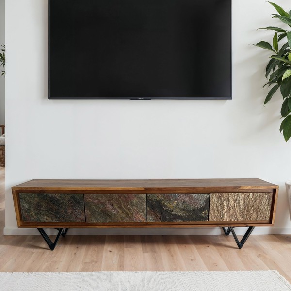 Lowboard FineBuy Sheesham Massivholz 160 Cm TV Board Stein Optik Industrial-image