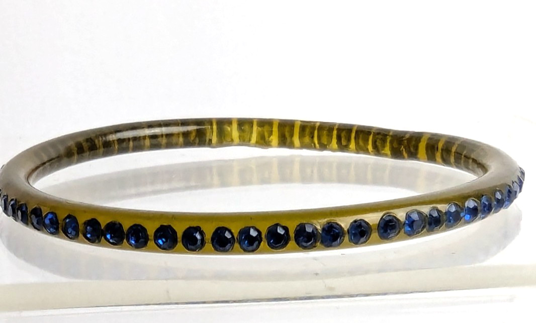 Art Deco Blue Rhinestone Thin Amber Celluloid Early Plastic Bangle Bracelet