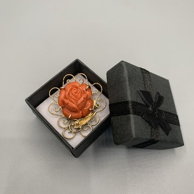 Vintage Masaniello 14k Gold & Carved Red Coral Rose With Leaf Design Pin, 7.3g
