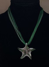 Art Glass Starfish Pendant Silver Gold Green Necklace On Green Ribbon 17-19  