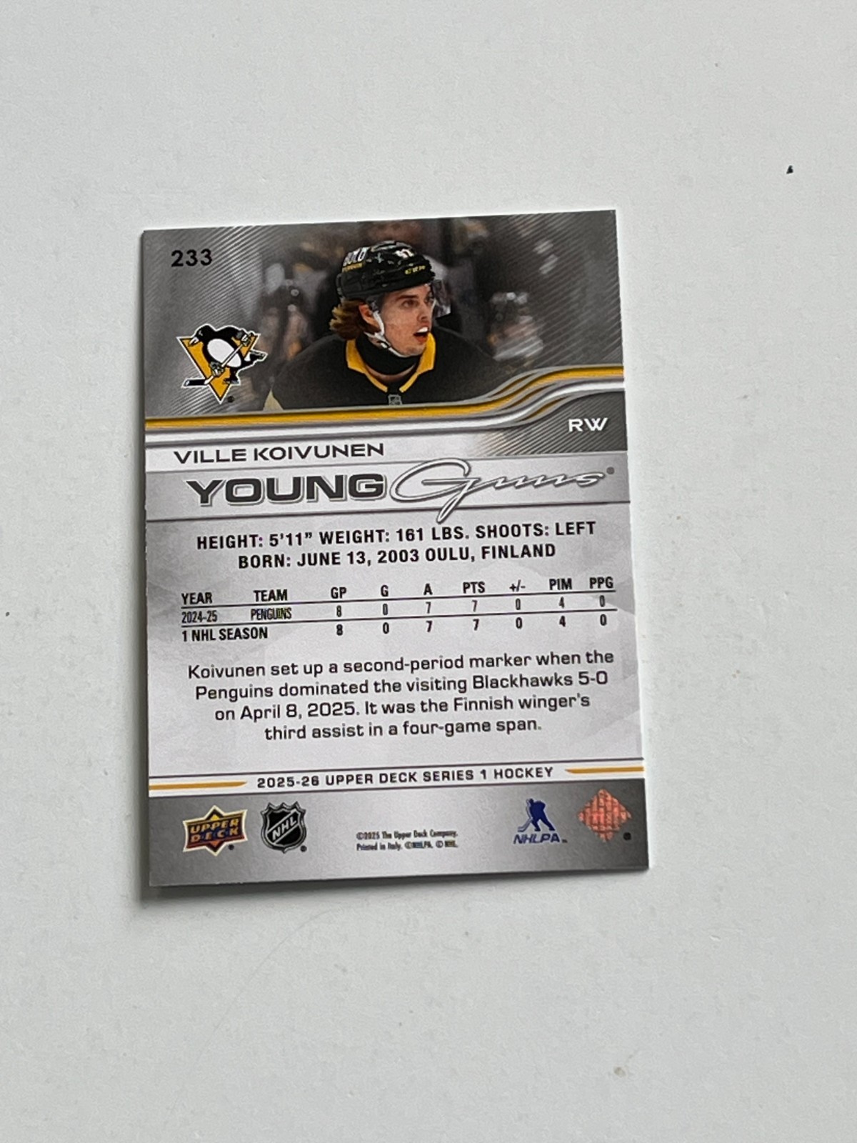 2025-26 UPPER DECK YOUNG GUNS #233 VILLE KOIVUNEN - PITTSBURGH PENGUINS ...