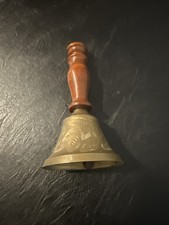 Vintage Brass Bell India “Bells of Sarna” Wooden Handle Etched Floral 916-1