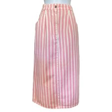 Vintage 80s Pink White Stripe Denim Jean Pleated Midi Preppy Cottage Skirt S/4/6