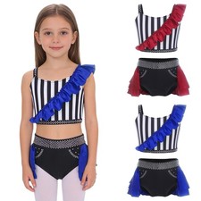 Kids Girls Crop Top And Skirt Brief Activewear Dance Costume Rhinestone Outfit