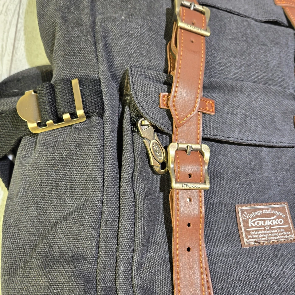 Kuakko Laptop Back Pack Dark Gray Brown Washed Canvas Leather Straps 15"Laptop Foto 4 de 4