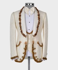 Luxury Gold Embroidered Jewelry Tuxedo Men Suits Set Wedding Party Banquet Suit