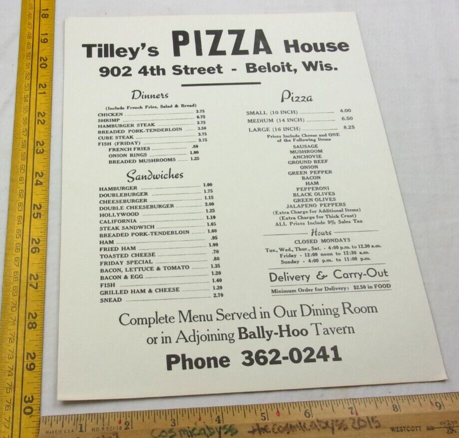 Tilley's Pizza House Restaurant Menu Beloit Wisconsin 1960s-70s