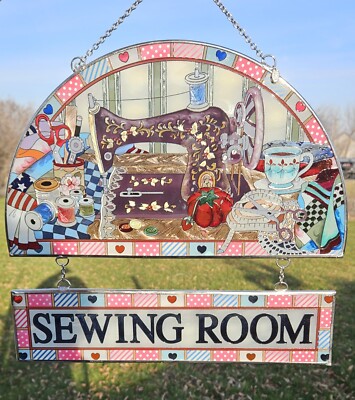Stained Glass Suncatcher Sewing Room Colorful Window Display. Handpainted. Amia.