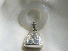 h656 Vintage Sterling Silver and MOP Baby Rattle, Birth Record, Teething Ring