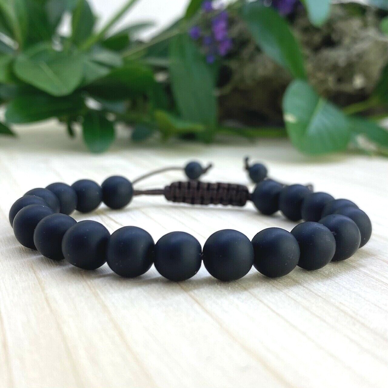 Bracelet perles agate noire mate style tibétain pour la méditation et le yoga