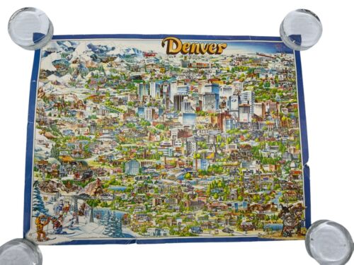 1980 Denver City Character Print Drawing Map Illustrated Cartoon Poster Archar