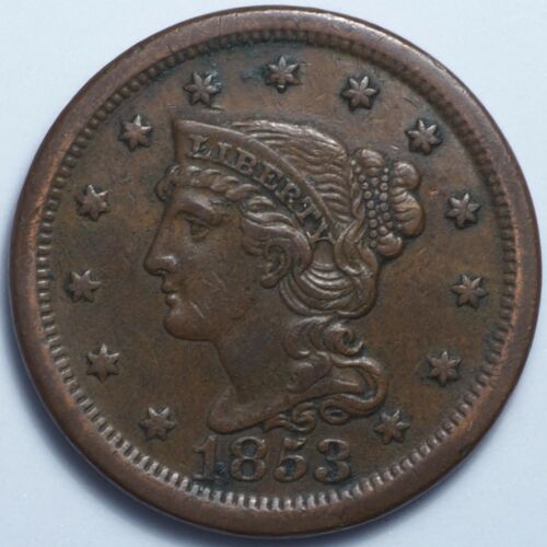 1853 Large Cent Braided Hair High Grade Type Coin - Afbeelding 1 van 4
