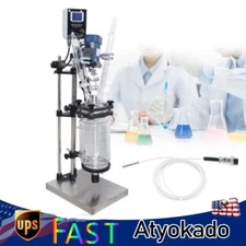 90W 3000ml Lab Jacketed Glass Reactor Double-Layer Chemical Reaction Vessel NEW