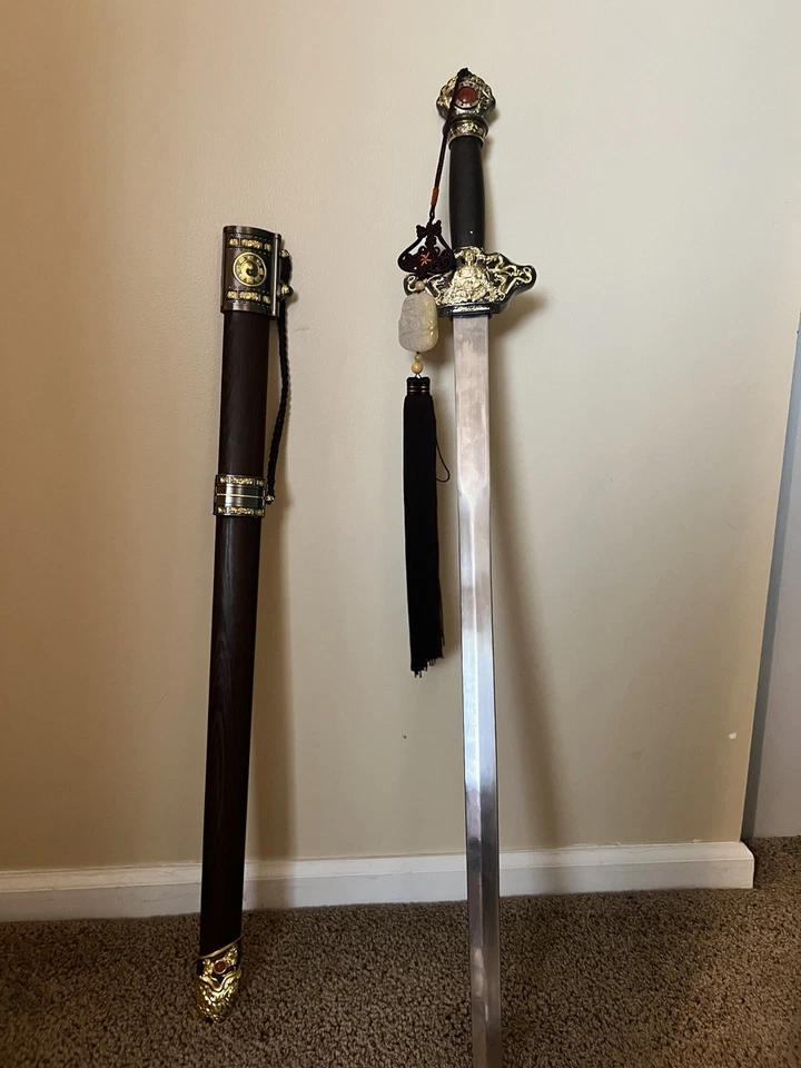 Chinese Jian Sword – Decorative Collectible w/ Case – Ornate Brass Detailing - Image 3 of 4