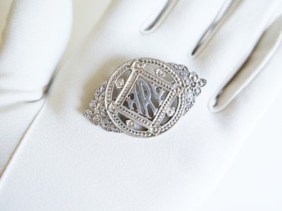 Antike edwardianische Sterling Silber Monogramm Brosche, Art Deco Initiale R Brosche Anstecknadel