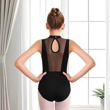 Girls Neck Ballet Leotard Mesh Hollow Back Sleeveless Dancewear for Performance
