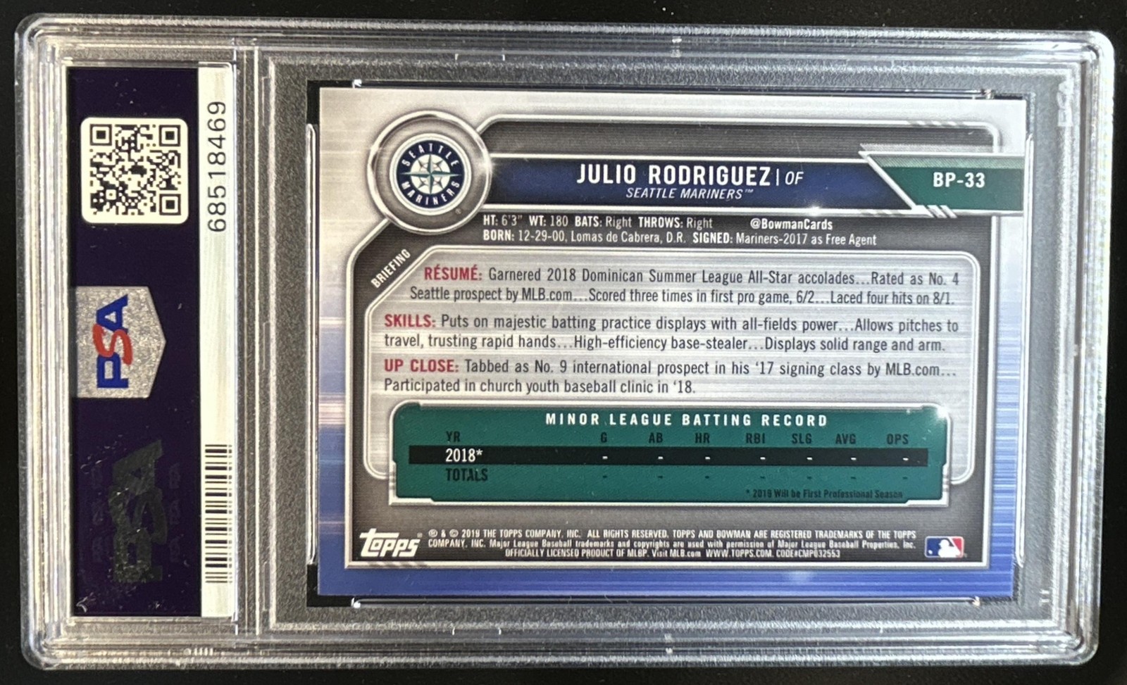 2019 Bowman Julio Rodriguez 1st Prospect #BP-33 PSA 10 GEM MINT view 2