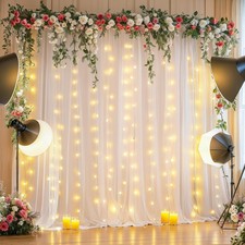 10x10FT White Wrinkle Free Backdrop Curtains with Lights String for Parties -...