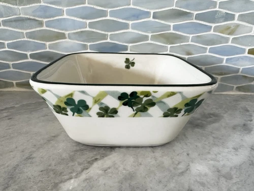 Longaberger Lucky Twist Shamrock Clover Dish Square Pottery Bowl