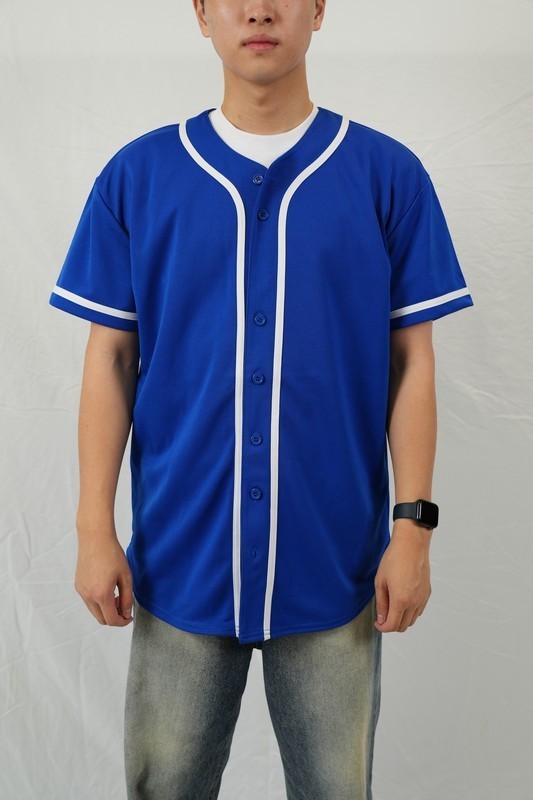 Men's Short Sleeve Plain Button Down Baseball Jersey MLB Team Royal Dodger Blue