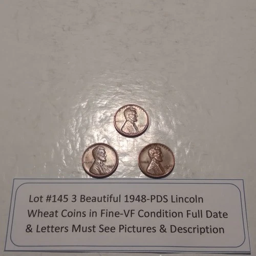 Lot #145 3 Beautiful 1948 Lincoln Wheats 1948-P 1948-D 1948-S F-VF See Pictures