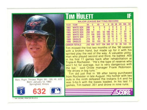 1991 Score #632 Tim Hulett Baltimore Orioles - Picture 2 of 2