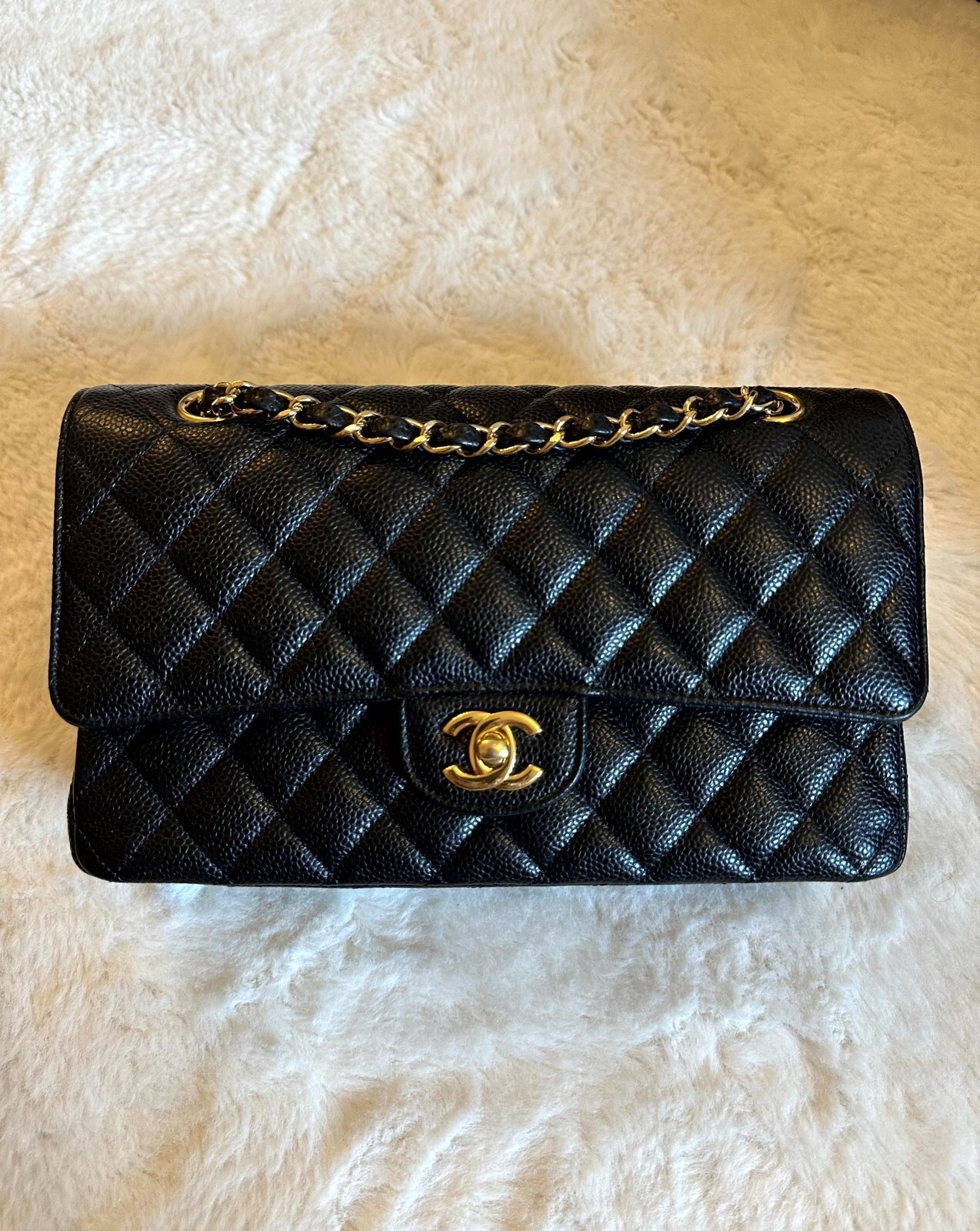 CHANEL Classic Double Flap Bag Medium, Black Caviar Leather with Gold Hardware