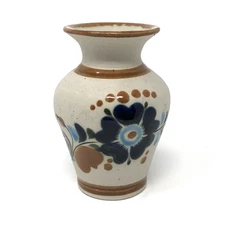 Tonala Pottery Mexico Floral Mexican Folk Art Bud Vase Signed 4.25"