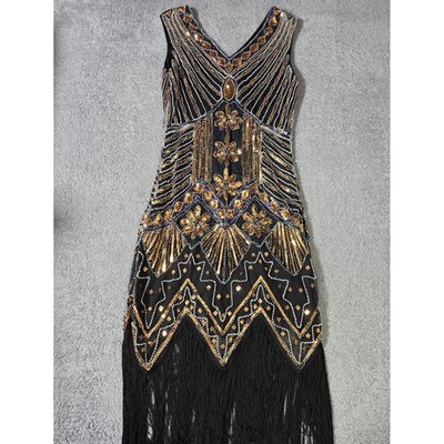 Handmade Womens S Flapper Dress Black Gold Sequin Art Deco Fringe Gatsby Style