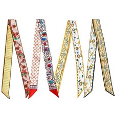 Women's 100 Silk Scarf Ribbon Floral Print Skinny Scarf Hair Tie Bag Handle Wrap