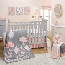 Baby Crib Bedding Set 3 Piece Sateen Cotton Floral Petals Lambs Ivy Gray Pink
