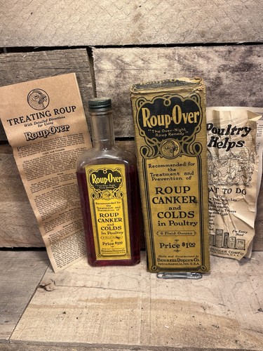 Vintage Roup-Over Poultry Roup Canker Remedy Bottle, Box, Label, Papers